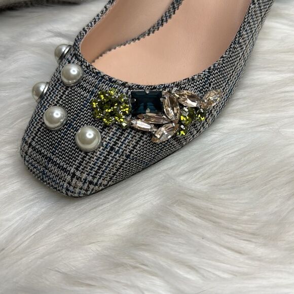 J. Crew Celia Glen Plaid Jeweled Pearl Block Heel Pump 7 - Picture 6 of 6